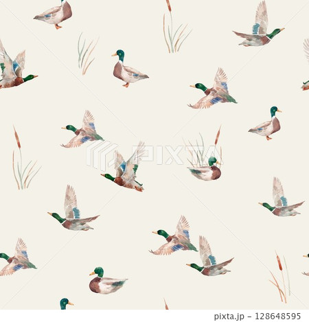 Watercolor flying and swimming ducks seamless pattern. Nature-inspired mallards with reeds for nursery wallpaper and textile design 128648595