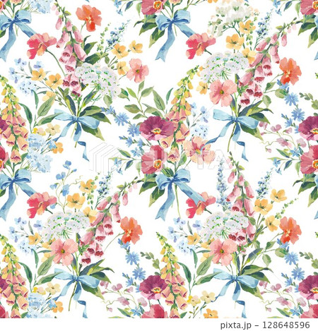 Watercolor and Gouache floral pattern with poppy, foxglove, chicory and buttercups seamless vintage bouquet with blue ribbons and colorful wildflowers on white background. Hand-painted romantic design 128648596
