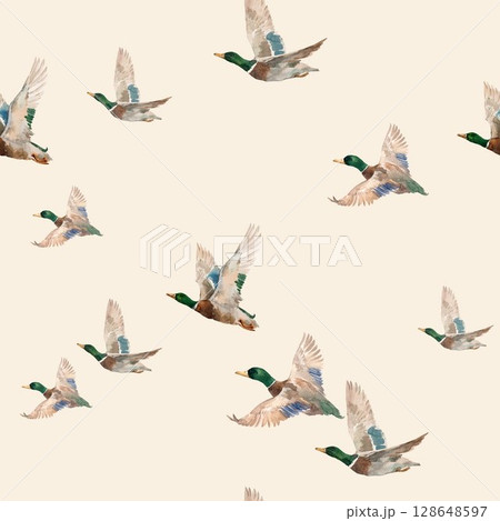 Watercolor flying and swimming ducks seamless pattern. Nature-inspired mallards with reeds for nursery wallpaper and textile design 128648597