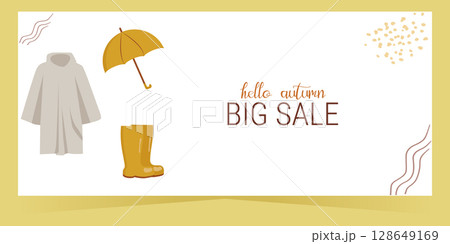 Autumn sale coupon discount template with clothes. Design flyer banner for shopping sale promo poster invitation website greeting card. Vector illustration. Autumn sale coupon discount template with clothes. Design flyer banner for shopping sale promo poster invitation website greeting card. Vector illustration. 128649169
