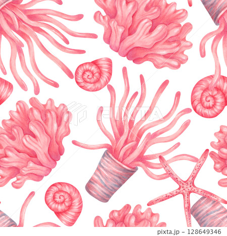 Seamless pattern with corals, spiral shells and starfish. Watercolor, marker illustration. Hand drawn isolated peach background. Marine underwater animals for textile, wallpaper and summer products 128649346