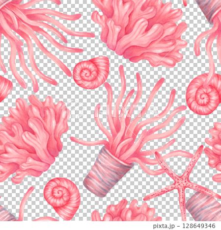 Seamless pattern with corals, spiral shells and starfish. Watercolor, marker illustration. Hand drawn isolated peach background. Marine underwater animals for textile, wallpaper and summer products 128649346