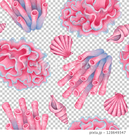 Seamless sea pattern of tube corals, spiral shells, scallops. Watercolor illustration of underwater animals. Hand drawn isolated image. Tropical ocean atmosphere for fabric, paper, wallpaper, textile Seamless sea pattern of tube corals, spiral shells, scallops. Watercolor illustration of underwater animals. Hand drawn isolated image. Tropical ocean atmosphere for fabric, paper, wallpaper, textile 128649347