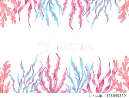 Horizontal frame with colorful seaweed. Watercolor botanical illustration. Hand drawn isolated art. Natural form of marine flora. Travel banner, kids design, underwater theme. Space for text 128649350