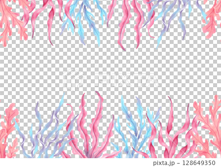 Horizontal frame with colorful seaweed. Watercolor botanical illustration. Hand drawn isolated art. Natural form of marine flora. Travel banner, kids design, underwater theme. Space for text 128649350
