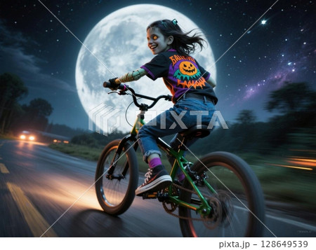 ハロウィンTシャツを着てマウンテンバイクに乗るフランケンシュタインガール 128649539