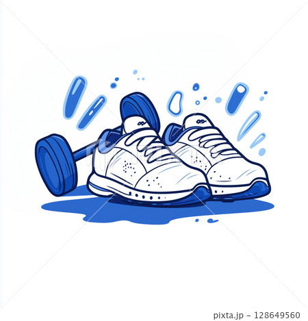 Athletic shoes and a dumbbell create an energetic atmosphere for fitness activities 128649560