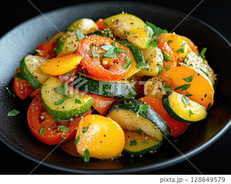 Ratatouille with a colorful medley of zucchini, eggplant, bell peppers, and tomatoes 128649579