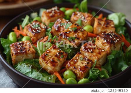 Colorful vegetable stir-fry with sesame seeds and tofu 128649580