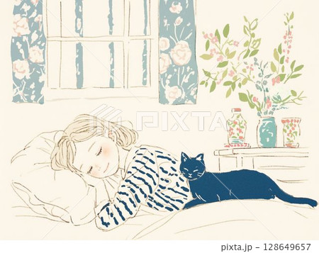 猫と一緒にぐっすり眠る女の子の優しい夜 128649657