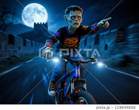ハロウィントレーナーを着てマウンテンバイクに乗るフランケンシュタインボーイ 128649888