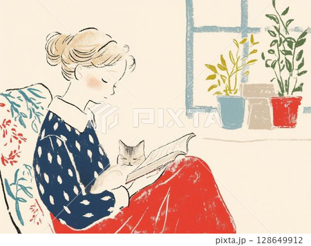 猫と女性　猫と一緒に読書する午後のひととき 128649912