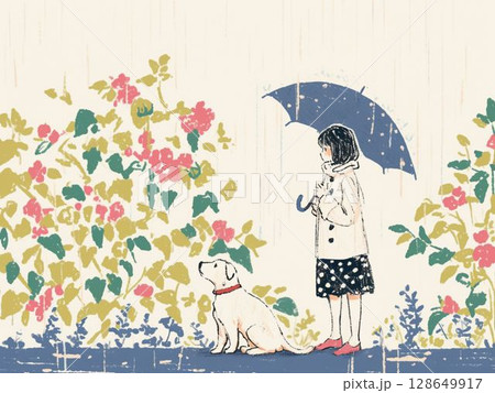 雨の日のさんぽと女の子と犬の物語 雨の日のさんぽと女の子と犬の物語 128649917