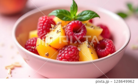 Peach Raspberry Basil Salad in Pastel Bowl Beauty 128649962