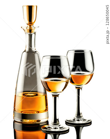 Small Grappa glass, with clear spirit, isolated on transparent, dynamic aroma, Italian lighting, creative dish, 128650045