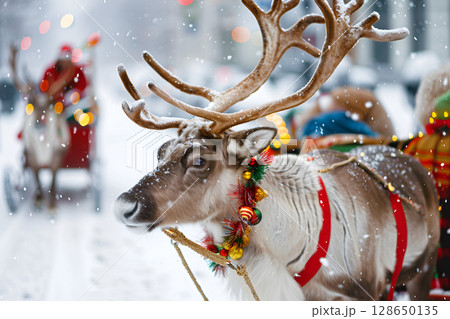 Reindeer adorned with colorful decorations stands in snowy landscape, with festive sleigh and Santa figure in the background, capturing the essence of holiday spirit and winter wonder 128650135