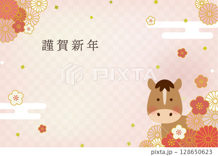 2026年 午年 年賀状イラスト｜かわいい馬と和風花柄のデザイン 128650623
