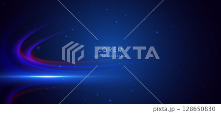 Abstract futuristic curved glowing neon blue and red light ray on dark blue background with lighting effect. 128650830
