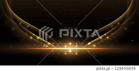Abstract elegant gold glowing line with lighting effect sparkle on black background. 128650839