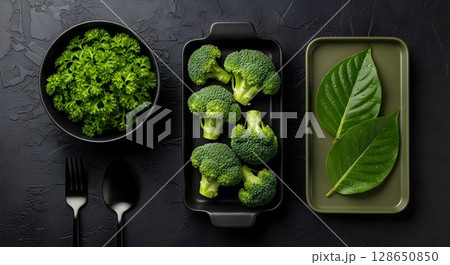 fresh broccoli salad with spinach leaves 128650850