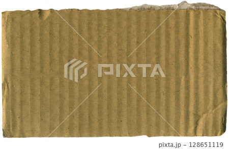 Torn corrugated cardboard piece isolate. Ripped carton scrap for mockups, backgrounds, and design projects 128651119