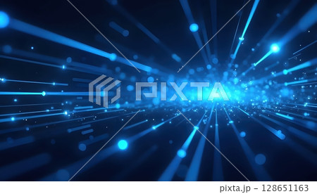 Technology-inspired background with blue laser streaks and digital particles 128651163