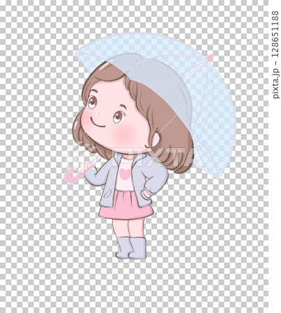 cute girl Standing with an umbrella clipart in pink dress cartoon flat design for children artwork 128651188