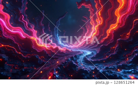 Neon-inspired fractal chaos, sharp-edged colored shards swirling in patterns 128651264