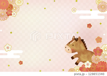 水彩風 2026年 午年 年賀状イラスト|かわいい馬と和風花柄のデザイン 水彩風 2026年 午年 年賀状イラスト|かわいい馬と和風花柄のデザイン 128651340