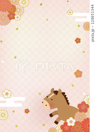 2026年 午年 年賀状イラスト|かわいい馬と和風花柄のデザイン 2026年 午年 年賀状イラスト|かわいい馬と和風花柄のデザイン 128651344