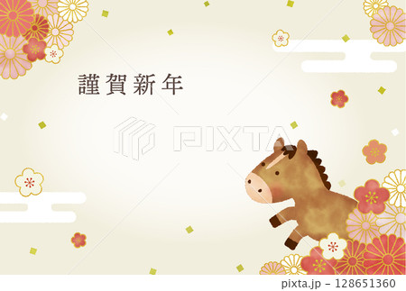 水彩風　2026年 午年 年賀状イラスト｜かわいい馬と和風花柄のデザイン 128651360