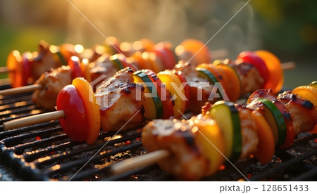 Sunset Shot of Juicy Chicken Veggie Kebabs 128651433