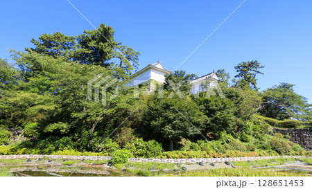 青空に映える小田原城の復元された石垣 128651453