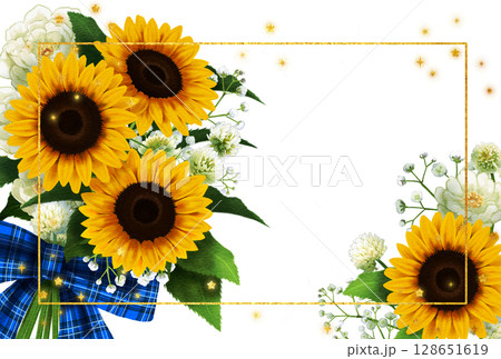 ひまわりの花束の夏らしい綺麗なフレーム 128651619