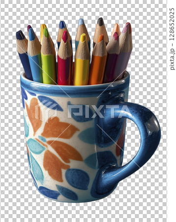 Colorful pencils decorative ceramic mug with floral pattern isolated transparency background vibrant artistic creative stationery art supplies craft design workspace colorful writing tools Colorful pencils decorative ceramic mug with floral pattern isolated transparency background vibrant artistic creative stationery art supplies craft design workspace colorful writing tools 128652025