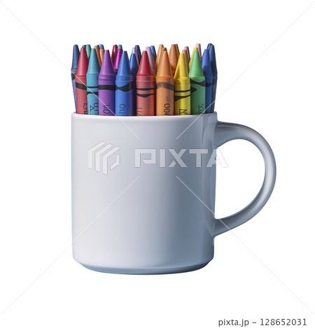 Colorful crayons white mug art supplies creative tools drawing coloring stationery craft materials vibrant artistic design illustration marker paint sketch hobby childhood education school 128652031