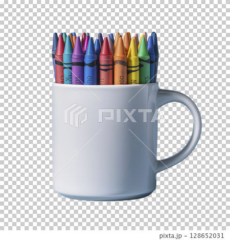 Colorful crayons white mug art supplies creative tools drawing coloring stationery craft materials vibrant artistic design illustration marker paint sketch hobby childhood education school 128652031