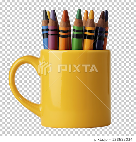 Yellow ceramic mug filled with colorful crayons standing upright, isolated on transparency background, vibrant and playful, suitable for art supplies or creative workspace themes 128652034