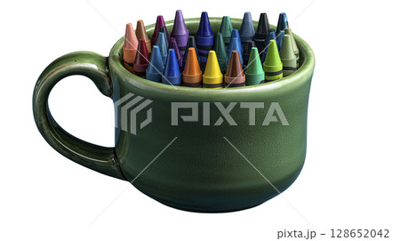 Green ceramic mug filled with colorful crayon tips isolated transparency background vibrant and playful perfect for art projects or children activities cheerful and creative mood glossy finish 128652042