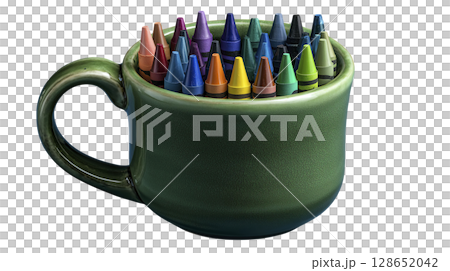 Green ceramic mug filled with colorful crayon tips isolated transparency background vibrant and playful perfect for art projects or children activities cheerful and creative mood glossy finish Green ceramic mug filled with colorful crayon tips isolated transparency background vibrant and playful perfect for art projects or children activities cheerful and creative mood glossy finish 128652042