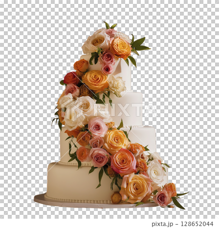 Multi tiered wedding cake decorated with cascading roses in shades of pink, orange, cream, and white, with green leaves, elegant and festive for celebration 128652044