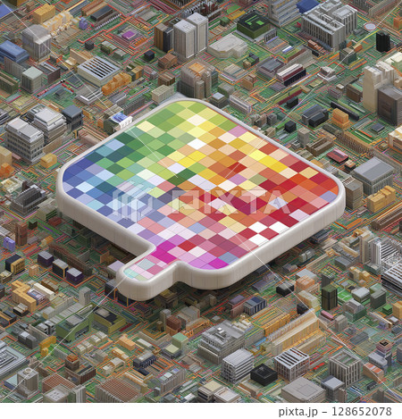 Digital cityscape with large pixelated speech bubble made of colorful squares floating above detailed urban environment, symbolizing communication and technology integration in modern cities 128652078