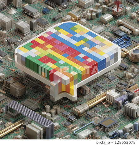 Colorful pixelated speech bubble made of small cubes floats above detailed computer circuit board, symbolizing digital communication and technology innovation 128652079