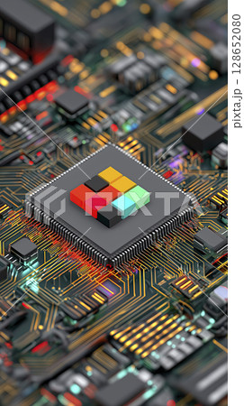 Close up of computer microchip with colorful pixel art logo circuit board electronic components microprocessor technology hardware digital device integrated circuit electronic parts circuit lines 128652080