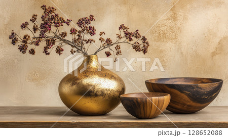 Decorative arrangement features large, gold metallic vase with textured surface holding dried purple and brown flowers, accompanied by two wooden bowls of different sizes with natural wood grain 128652088