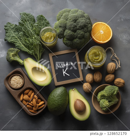 Variety of green vegetables, fruits, nuts, and jar of supplement with chalkboard sign indicating vitamin K, arranged on dark surface, emphasizing healthy eating and nutrition 128652170