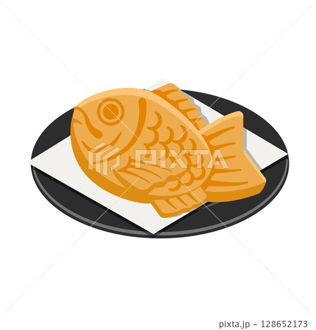 たい焼きの黒い丸皿と白い懐紙盛り（フラットアイソメトリックイラスト） 128652173