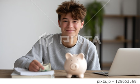 Young Boy Smiling While Saving Money in Piggy Bank at Home Office with Laptop and Notebook 128652369
