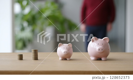Comparison of Small and Large Piggy Banks with Coins on Table in Modern Setting 128652373