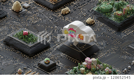 Digital illustration of cloud icon with pixel art graphics, including rainbow, sun, and cloud, situated computer circuit board with miniature pixelated plants and objects, creating futuristic Digital illustration of cloud icon with pixel art graphics, including rainbow, sun, and cloud, situated computer circuit board with miniature pixelated plants and objects, creating futuristic 128652545